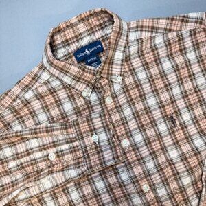 Polo Ralph Lauren Boys M 12/14 Button Down Long Sleeve Shirt Brown/Salmon Plaid